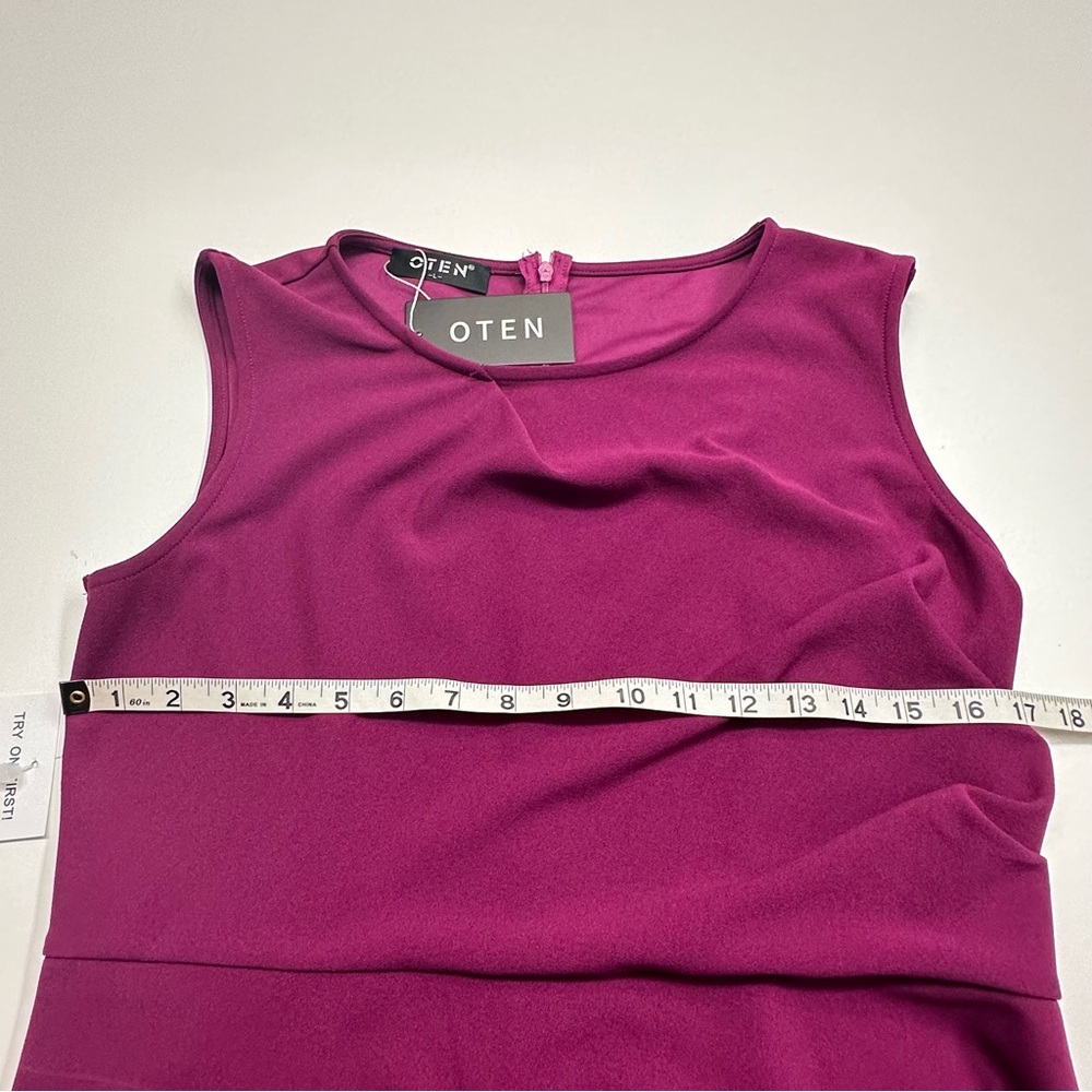 OTEN Burgundy Magenta Sleeveless Ruched Sheath Midi Dress Women’s Size Large - Picture 6 of 7